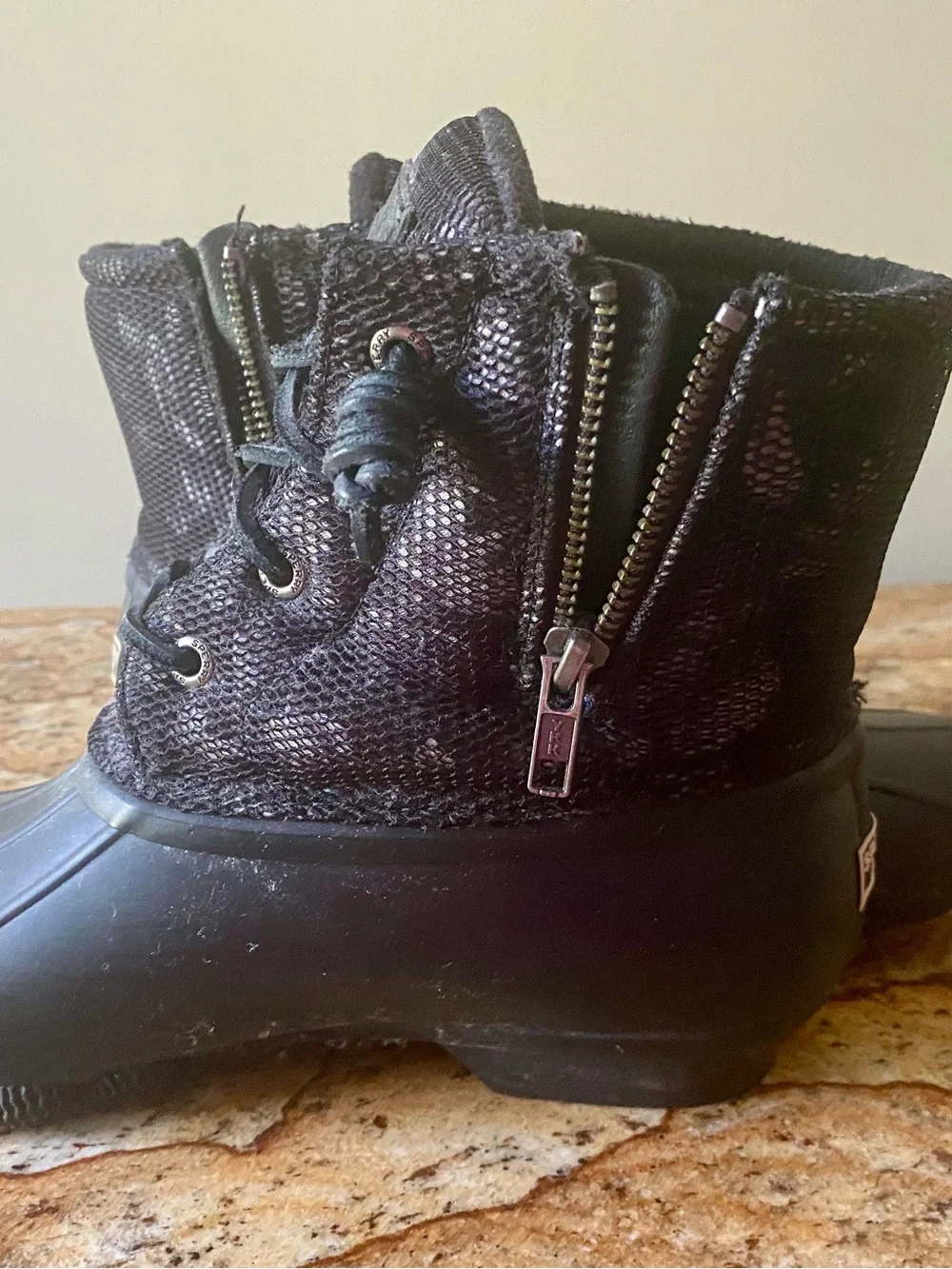 Women’s Sperry Black Waterproof Duck Boots with dressy flair